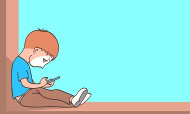 Çocuk akıllı bir telefonla evde tek başına oturuyor. Sosyal bir temada vektör karikatür çizimi.