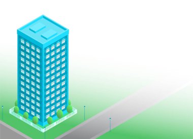 Döşemeleri olan yüksek mavi bir bina. Çevresi yeşil ağaçlar ve sokak lambalarıyla çevrili bir çitle çevrili. Mesaj için yer. İzometrik biçimde vektör illüstrasyon pankartı.