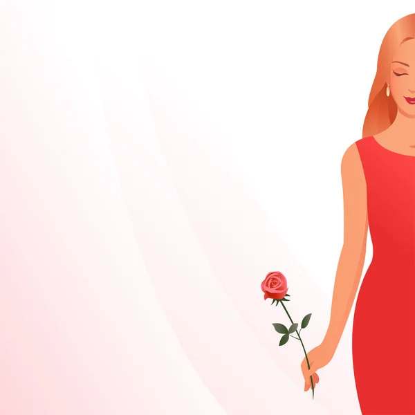 Menina Loira Bonita Com Uma Rosa Vestido Vermelho Lugar Para —  Vetores de Stock