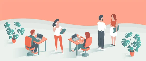 Modern erkek ve kadınlar ofiste çalışıyor. Dizüstü bilgisayarların başında oturuyorlar, telefonla iletişim kuruyorlar, belgelerle gidiyorlar. Mesaj için yer. İnsanların vektör illüstrasyonu.