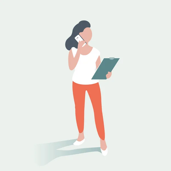 Jeune Femme Moderne Est Debout Dans Bureau Parler Sur Smartphone — Image vectorielle