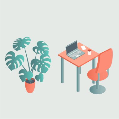 Laptop ve kahvenin olduğu ofis masası. Ev Bitkisi Canavarı. Vektör izole illüstrasyonu.