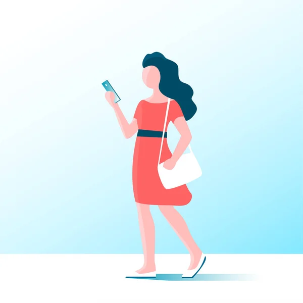 Una Joven Está Caminando Con Bolso Teléfono Inteligente Mano Ilustración — Vector de stock