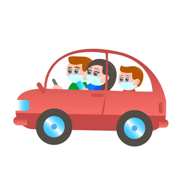 Una Familia Con Máscaras Protectoras Monta Coche Padre Madre Hijo — Vector de stock