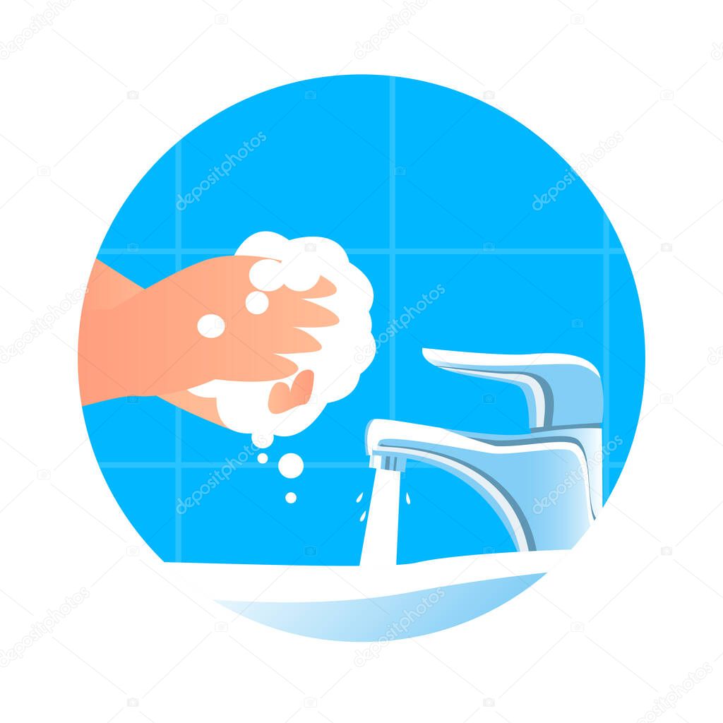 Hand washing with soap in the bathroom. Personal hygiene and the prevention of infectious diseases. Vector round illustration.