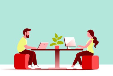 Genç adam ve kız bilgisayarın ofisinde çalışıyorlar. Masada oturuyordum. Bir iş temasında insanların vektör illüstrasyonu.