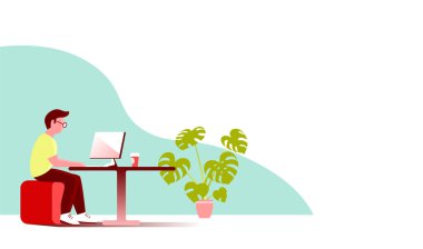 Sakallı genç modern adam ofisteki bilgisayarda çalışıyor. Masanın yanında oturuyor. Bir iş teması üzerinde vektör arkaplan düz illüstrasyon.