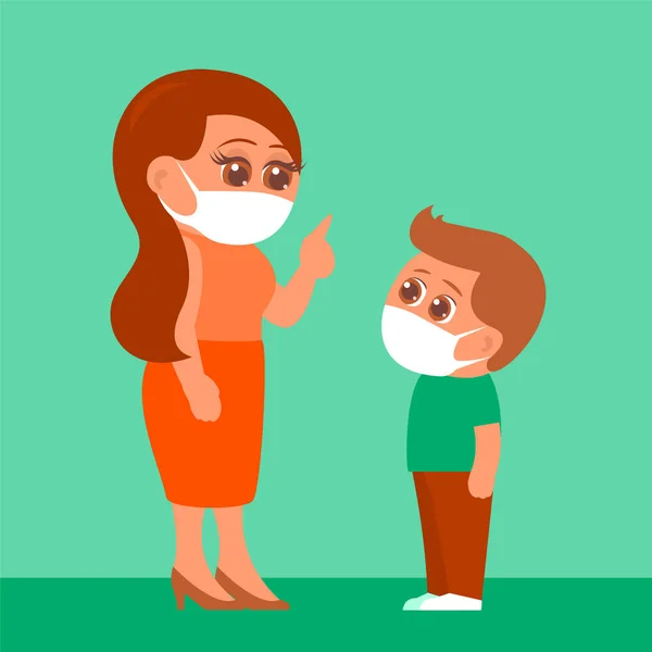Matka Učí Malého Syna Nosit Během Epidemie Karantény Ochrannou Masku — Stockový vektor