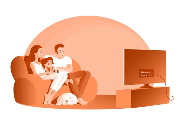 若い家族はソファで休んでいます お父さん お母さん 女の子とコッカーのスパニエル犬 ポップコーンを食べてテレビを見る ベクターイラスト — ストックベクタ