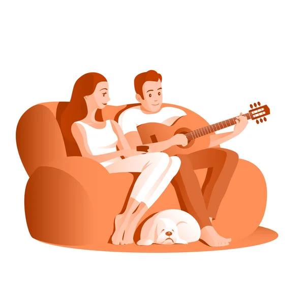 Νεαρό Παντρεμένο Ζευγάρι Κάθεται Στον Καναπέ Ένας Άντρας Παίζει Μουσική — Διανυσματικό Αρχείο