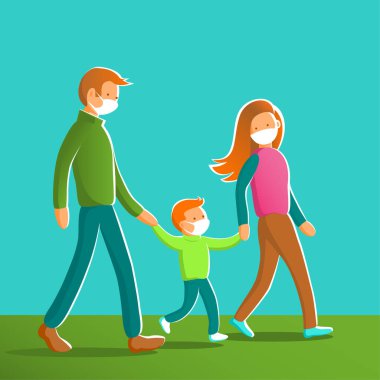 Baba, anne ve küçük oğlu koruyucu maskeler takıyor. Koronavirüs salgını. Vektör illüstrasyonu