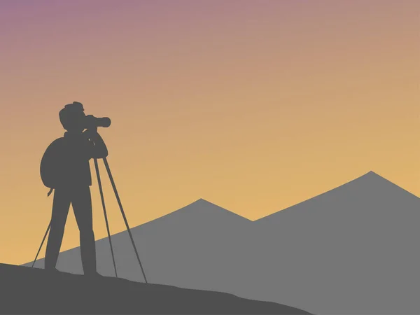 自然を背景にした観光客のシルエット 山の風景を撮影 三脚の上のカメラ ベクターイラスト — ストックベクタ