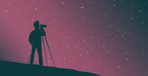 Ein Mann Fotografiert Den Sternenhimmel Silhouette Auf Nächtlichem Hintergrund Vektorillustration — Stockvektor