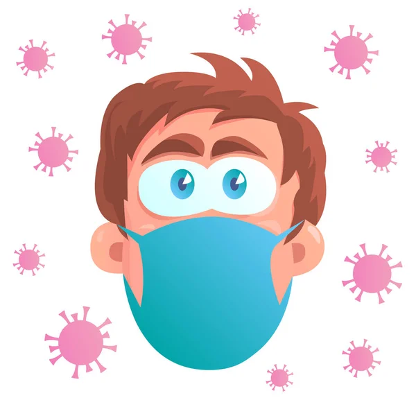 コロナウイルスに対する保護マスクの男の顔 怖い目だ 危険な細菌が頭の周りを飛び回る 漫画風のベクトル分離イラスト — ストックベクタ