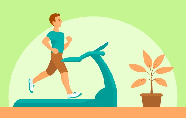 Hombre Casa Corre Una Cinta Correr Promueve Salud Cerca Planta — Vector de stock