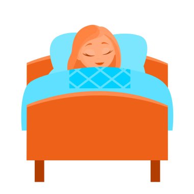 Genç bir kız yorganın altında tatlı tatlı uyuyor. Tahta yatak. Çizgi film tarzında izole edilmiş vektör illüstrasyonu.