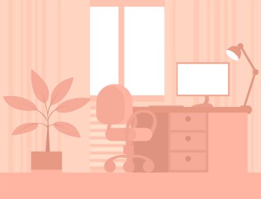 Penceresi, masaüstü bilgisayarı ve zeminde ev bitkisi olan bir oturma odasının arkaplan resmi. Vektör illüstrasyonu.