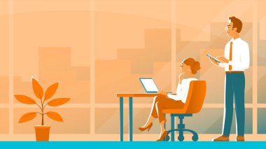 Bir iş adamı ve bir kız ofiste çalışıyorlar. O bir tabletle ayakta duruyor. O bir dizüstü bilgisayarın başında oturuyor. Başarı için fikirleri birlikte düşünün. Metin için yeri olan vektör illüstrasyonu.