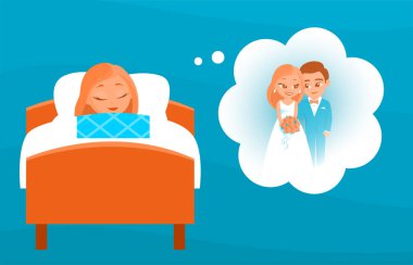 The girl in bed dreams of a happy wedding. She is the bride standing with the groom. Vector cartoon illustration clipart