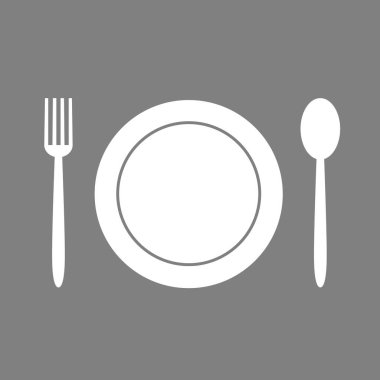 Tabaklar, kaşıklar ve çatallardan oluşan beyaz bir siluet. Öğle yemeği ya da restoran menüsünün sembolü. Vektör düz çizim. Yukarıdan görüntüle