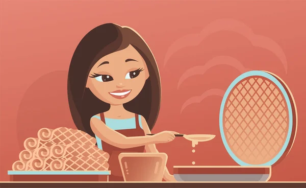 若いかわいい女の子は台所でワッフルを調理します 熱いワッフルの鉄に生地を置きます プレート内のおいしい準備チューブ ベクトル漫画イラスト — ストックベクタ