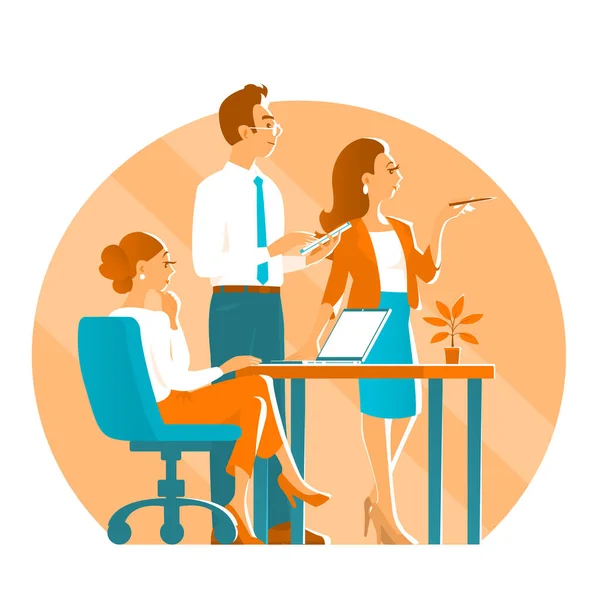 Pria Bisnis Dan Dua Gadis Dalam Proses Bekerja Kantor Diskusikan - Stok Vektor