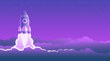 Yıldızlı gökyüzünde bir uzay roketi havalanıyor. Bulutlar alev alev yanıyor. Metin için yer alan vektör karikatür çizimi