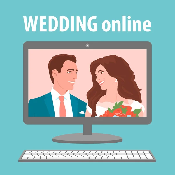 Boda Con Novia Novio Línea Con Una Computadora Cuarentena Feliz — Vector de stock