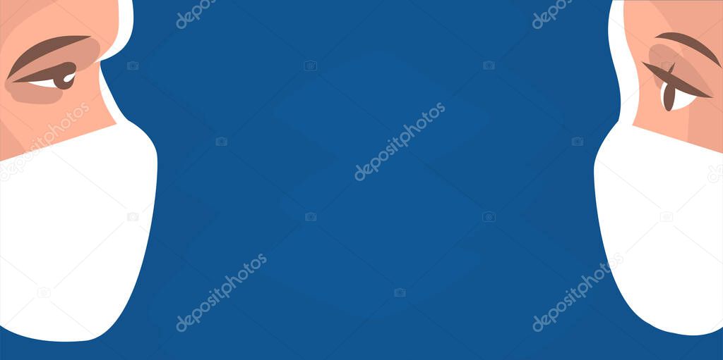 Faces of a man and a girl in protective masks. They look at each other. Coronavirus pandemic or other infection. Vector illustration banner on a blue background. Place for text