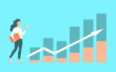 Kız büroda çalışıyor. Arka planda finansal büyüme grafiği var. İş stratejisi ve pazarlama. Düz bir şekilde vektör illüstrasyonu