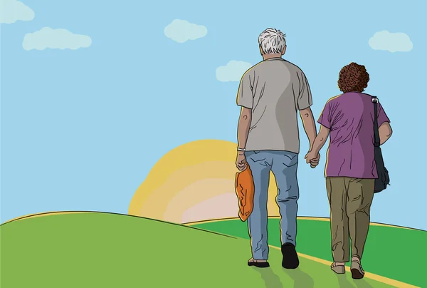 Coppia anziana che cammina insieme sulle colline — Vettoriale Stock