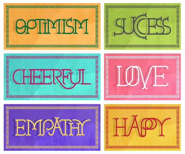 6 colorful signs with optimistic decorative letters — Stock Vector