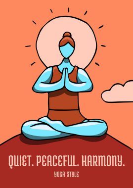 Lotus pozisyonunda oturan kadın Yoga Günü etkinliği için meditasyon yapıyor. Teşvik başlıklı güzel renkli poster tasarımı.