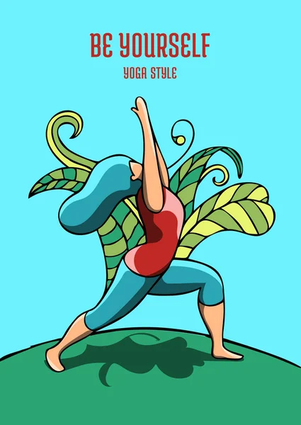 Mulher Praticando Guerreiro Poso Para Evento Yoga Day Projeto Colorido —  Vetores de Stock