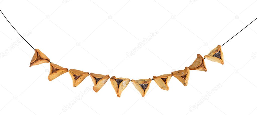 Haman's ears are also called Hamantaschen - a traditional Jewish pastry for Purim holiday. Organized in interesting shapes and isolated on a white background.