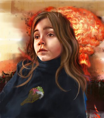 Dünyanın sonunu izleyen üzgün bir kız. Genç bir kızın dijital çizimi ve arka planda patlama. Eylem Şimdi konsepti.