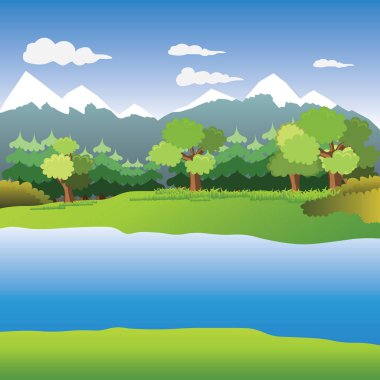 Kar dağ nehir önünde çam ağacı ile