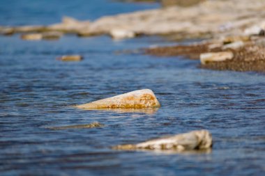 Tuzlu deniz suyunun kıyı dalgalarında büyük ve pürüzsüz taşlar. Karadeniz kıyıları, güneş ışığıyla aydınlatılan büyük bir çakıl taşına karşı kükreyen köpükler ve kükremeler.