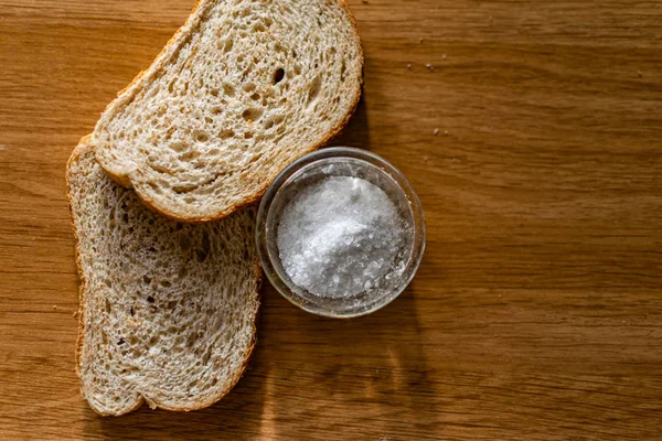 Two Pieces Black Bran Fresh Bread White Salt Salt Shaker — Stock Photo, Image