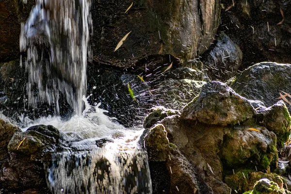 Uma Pequena Cachoeira Artificial Água Doce Que Flui Para Uma — Fotografia de Stock