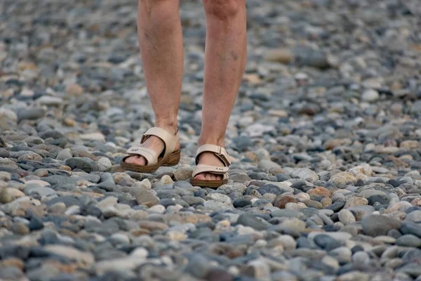 Women\'s feet in sandals walk along a stone road covered with smooth sea pebbles. White human skin and brown shoes like sandals