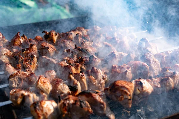 Espetos Carne Porco Com Uma Crosta Dourada Torrada Sabor Fumaça — Fotografia de Stock