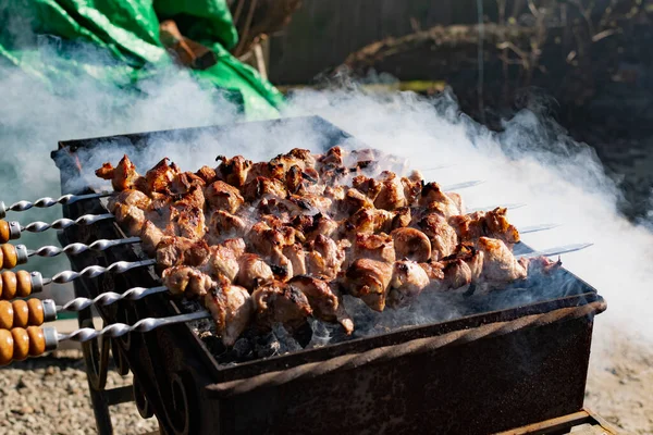 Espetos Carne Porco Com Uma Crosta Dourada Torrada Sabor Fumaça — Fotografia de Stock