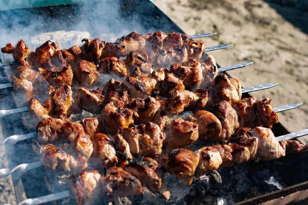 Mouth Watering Skewers Pork Toasted Golden Crust Smoke Flavor Barbecue — Stock Photo, Image