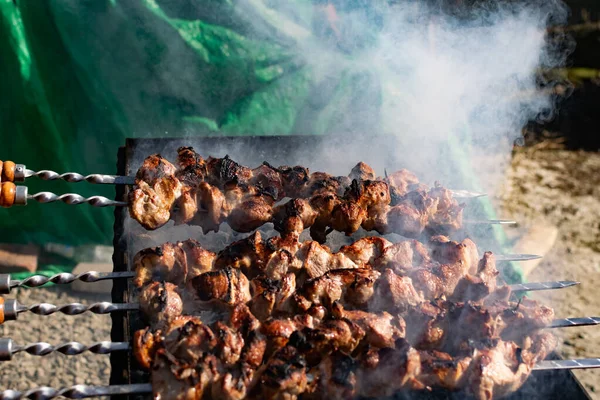 Mouth Watering Skewers Pork Toasted Golden Crust Smoke Flavor Barbecue — Stock Photo, Image