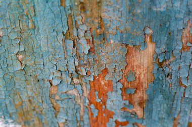 Kabuk soyma yüzeyinde renkli boya ile boyanmış eski tahtalar. Yıpranmış ahşap kaplama.