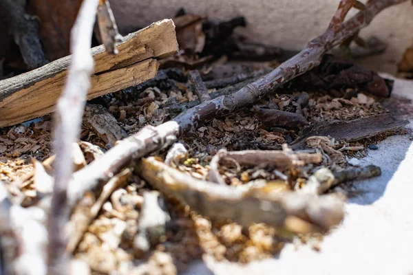 Petites Brindilles Copeaux Secs Sur Fond Béton Couchés Dans Une — Photo