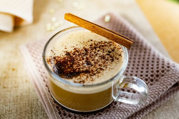 Hot Cappuccino Chocolate Chips Top Foam Cinnamon Stick Golden Sugar — Stock Photo, Image