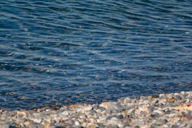 Yüzey tuzlu deniz suyudur, kıyıya yakın dalgalar halinde salınır, şeffaf tabandan taşları ve çakıl taşlarını görebilirsiniz.