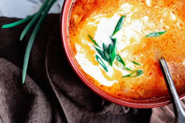 A portion of red borscht in a brown plate, next to an old wooden Board garlic and quail egg, green leeks and driftwood. White sour cream in the soup, next to an old Polish spoon — Stock Image Portion Red Borscht Brown Plate Next Old Wooden Board Garlic Stock Picture